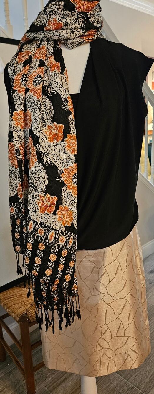 3pc Outfit w/ skirt, blouse & scarf For Cynthia Black Gold Orange H-82